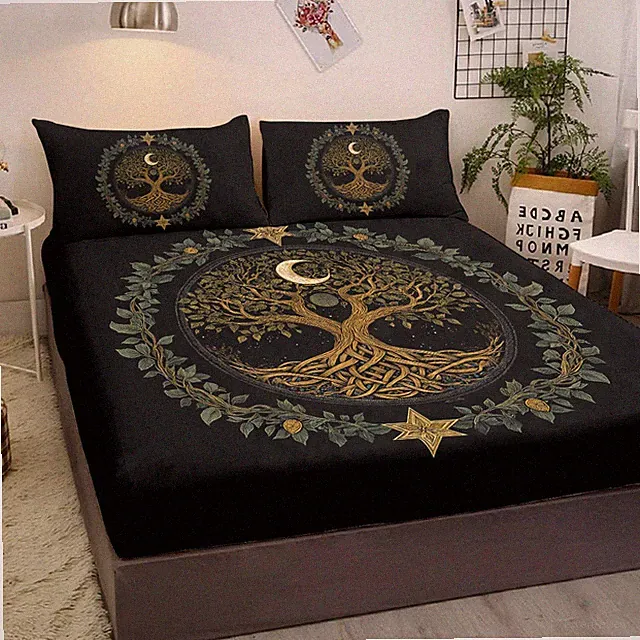 3PCS Black Luna Sheet Set Fitted Sheet with 2 Pillowcases for Bedding Home Gift