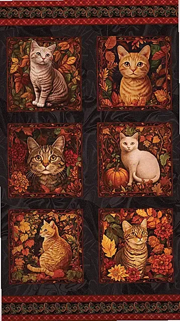 Autumn Cats Fabric Quilt Panel ~ 24" x 44"
