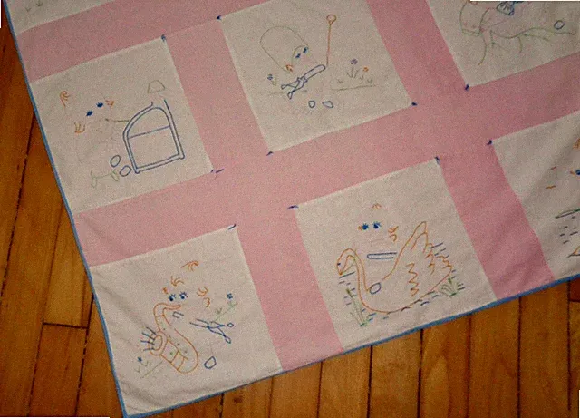 CHILD'S ANTIQUE EMBROIDERED KEWPIE DOLL PINK & BLUE BED COVERLET 12 IMAGES