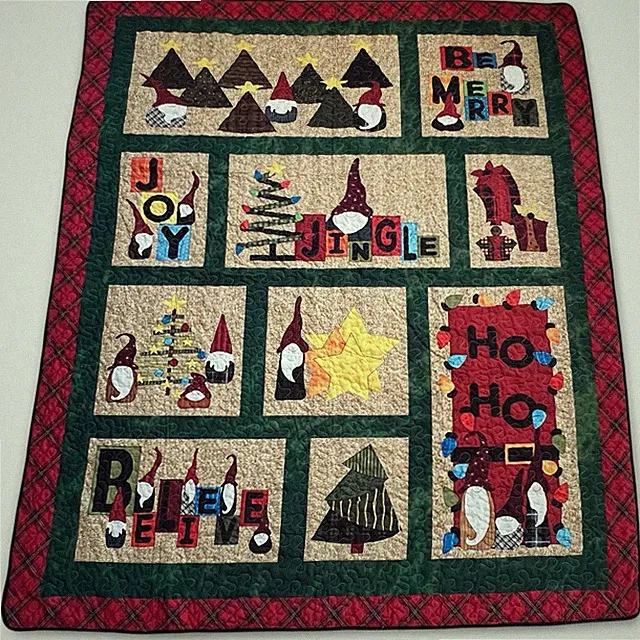 Christmas Gnome Patchwork Quilt Coverlet 92x78 Handmade Folk Art Bedspread