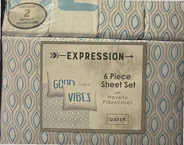 Expressions 6 Piece Sheet Set Novelty 4 Pillow cases Queens- NIP