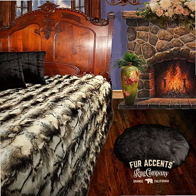 Faux Fur Bedspread - Exotic Black and Gray Rabbit - All Sizes - FUR ACCENTS