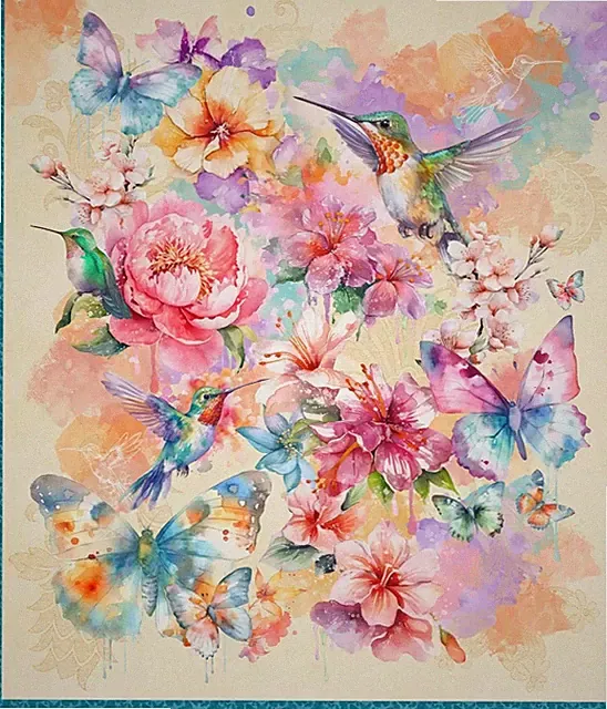 Flight of Fancy ~ 35" x 44" ~ Hummingbird and Floral Fabric Panel