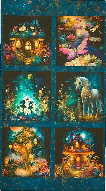 Night Fable Panel~ Unicorn, Magical, Mushroom, Fairy Fabric Panel ~ 23" ~Kaufman