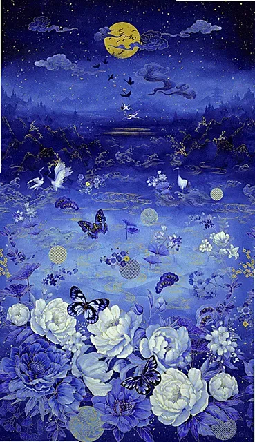 Ocean Asian Moonlight Fabric Panel ~ 24" x 44" ~ Blue, butterflies, floral