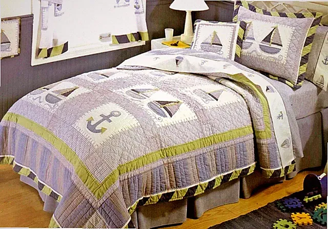 QUEEN QUILT + 1 standard SHAM ~ SAILBOATS blues greens NEW That's Mine