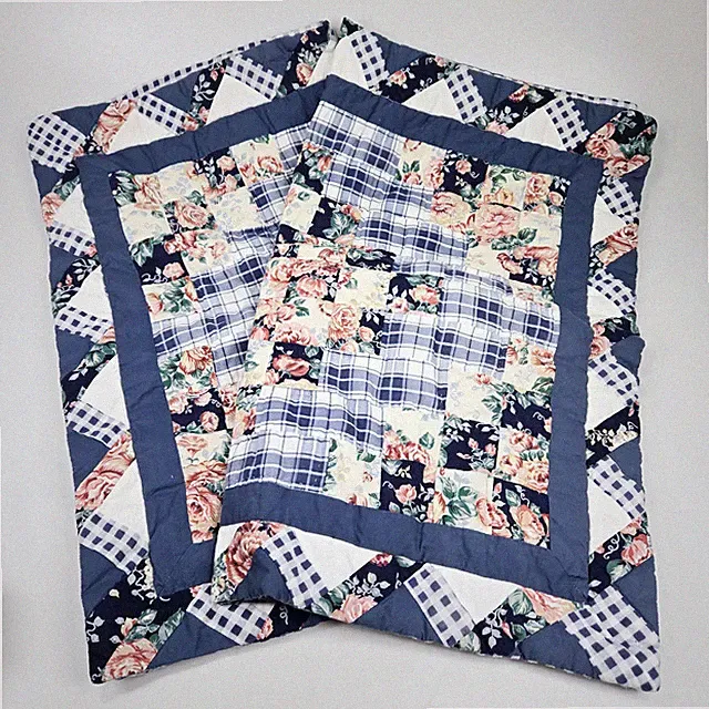 Quilted Patchwork Blue Pink Roses Gingham Pillow Shams Shabby Chic Cottage Zip