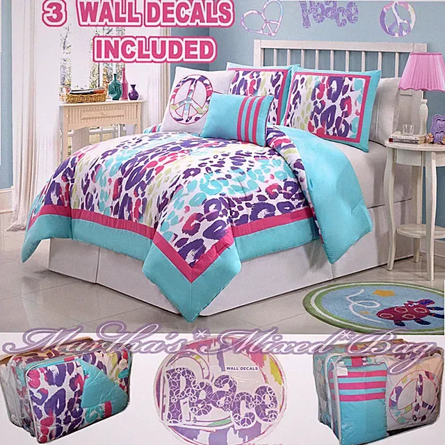 Teen Girl Pink Purple SAFARI LEOPARD PRINT COMFORTER SET+PILLOW+PEACE SIGN DECAL