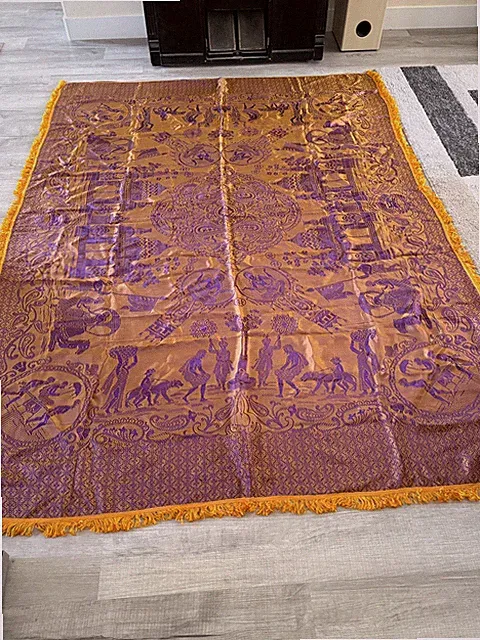 Vintage Intricate Design Fringed Bed Cover Gold Purple 70” x 96”. B-19