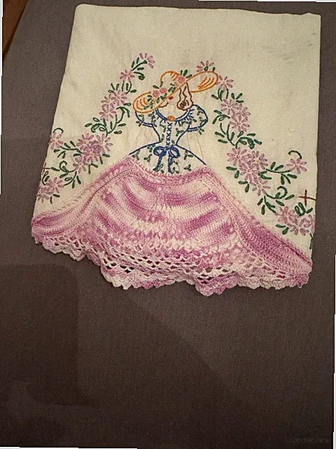 VTG Southern Bell Lady Embroidered Cotton Pillowcase Crochet Lace Skirt & Hem