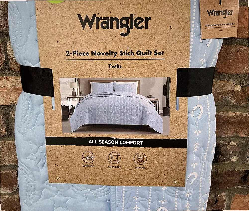 Wrangler Light Blue Stars & Horseshoes 2-Piece Novelty Stich Twin Quilt Set NWT